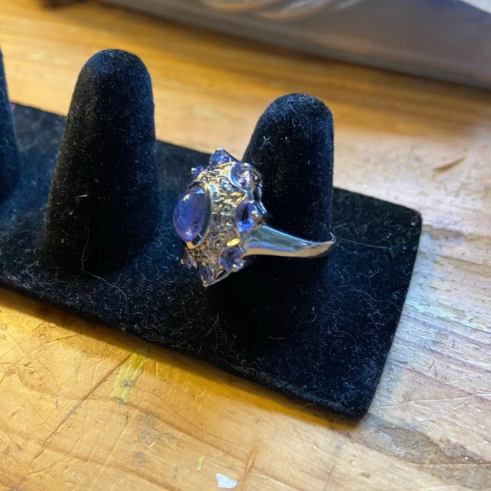 Sterling 925 Cabochon Tanzanite & Diamond Statement Cocktail Ring Size 7 - Picture 13 of 14